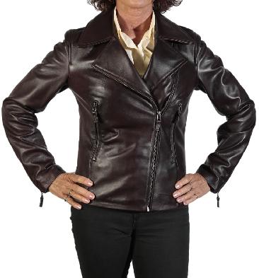 Ladies Long Line Cross-Over Burgundy Leather Biker Jacket - SL1100393